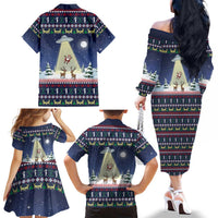Christmas Alien Pattern with UFO Abduction of Santa Reindeer Snowy Forest Family Matching Off The Shoulder Long Sleeve Dress and Hawaiian Shirt Xmas Holiday Patterns - Wonder Print Shop