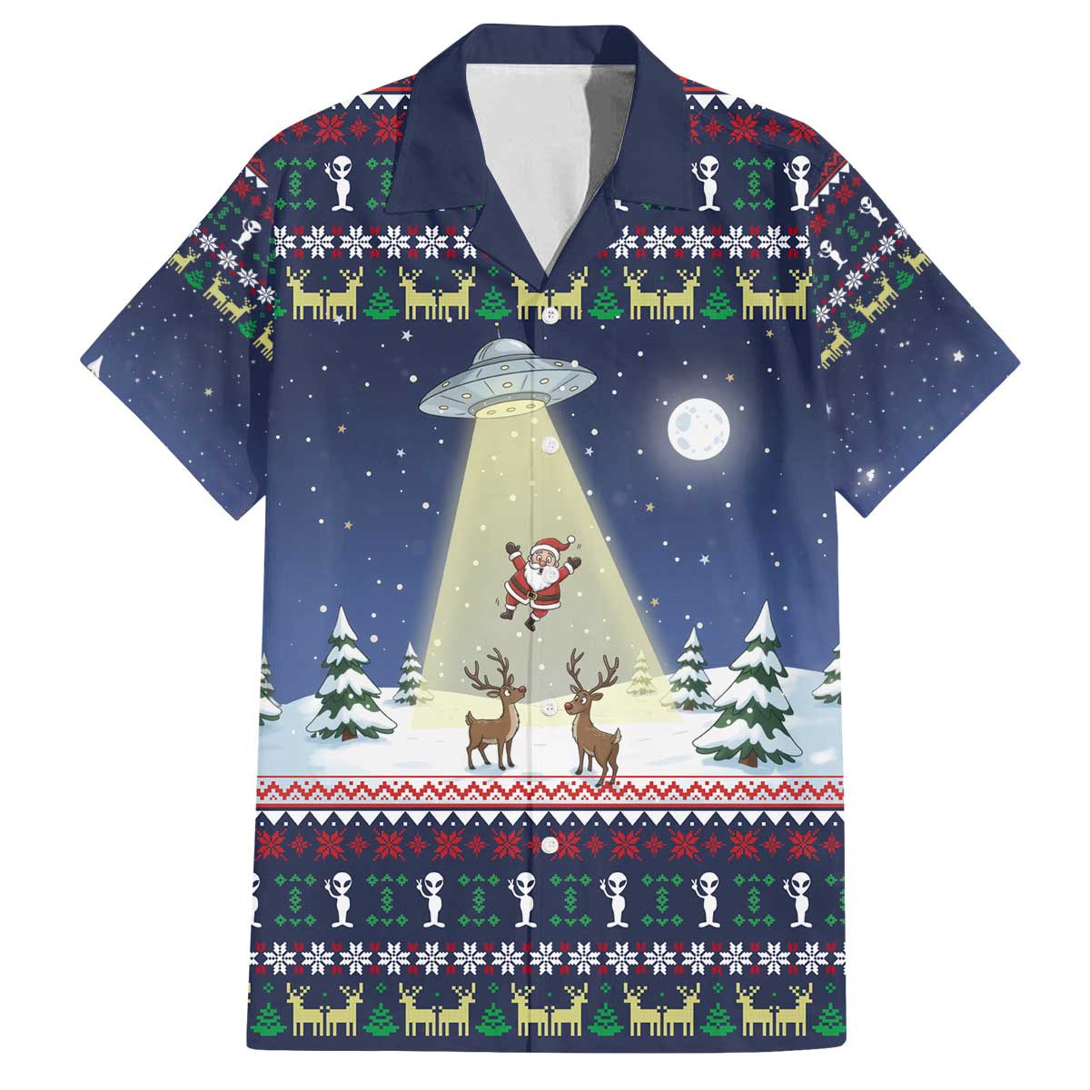 Christmas Alien Pattern with UFO Abduction of Santa Reindeer Snowy Forest Family Matching Off The Shoulder Long Sleeve Dress and Hawaiian Shirt Xmas Holiday Patterns - Wonder Print Shop