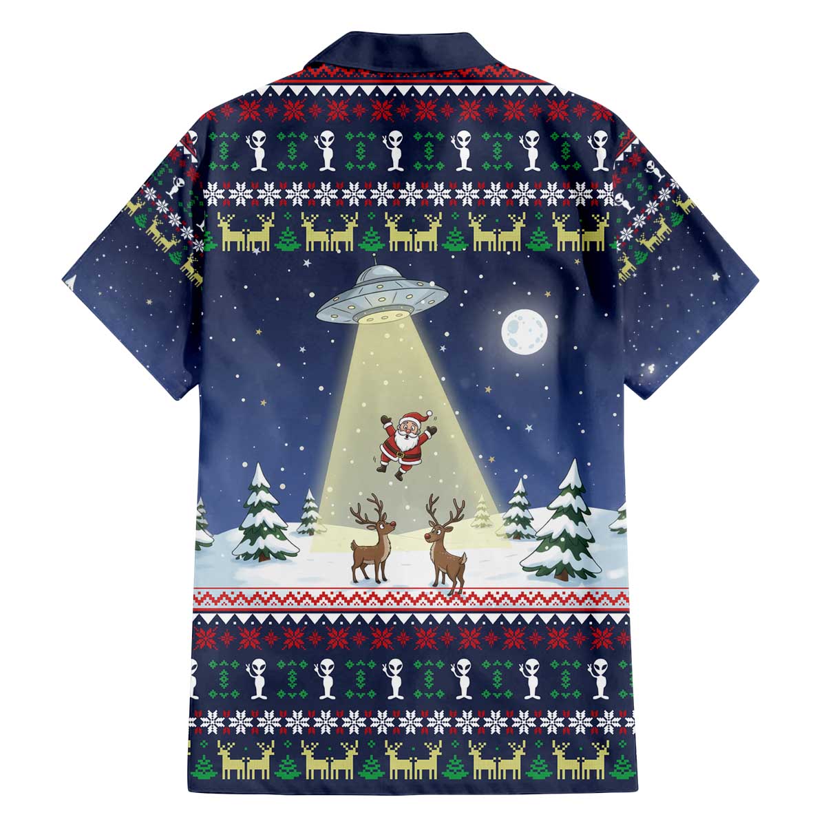 Christmas Alien Pattern with UFO Abduction of Santa Reindeer Snowy Forest Family Matching Off The Shoulder Long Sleeve Dress and Hawaiian Shirt Xmas Holiday Patterns - Wonder Print Shop
