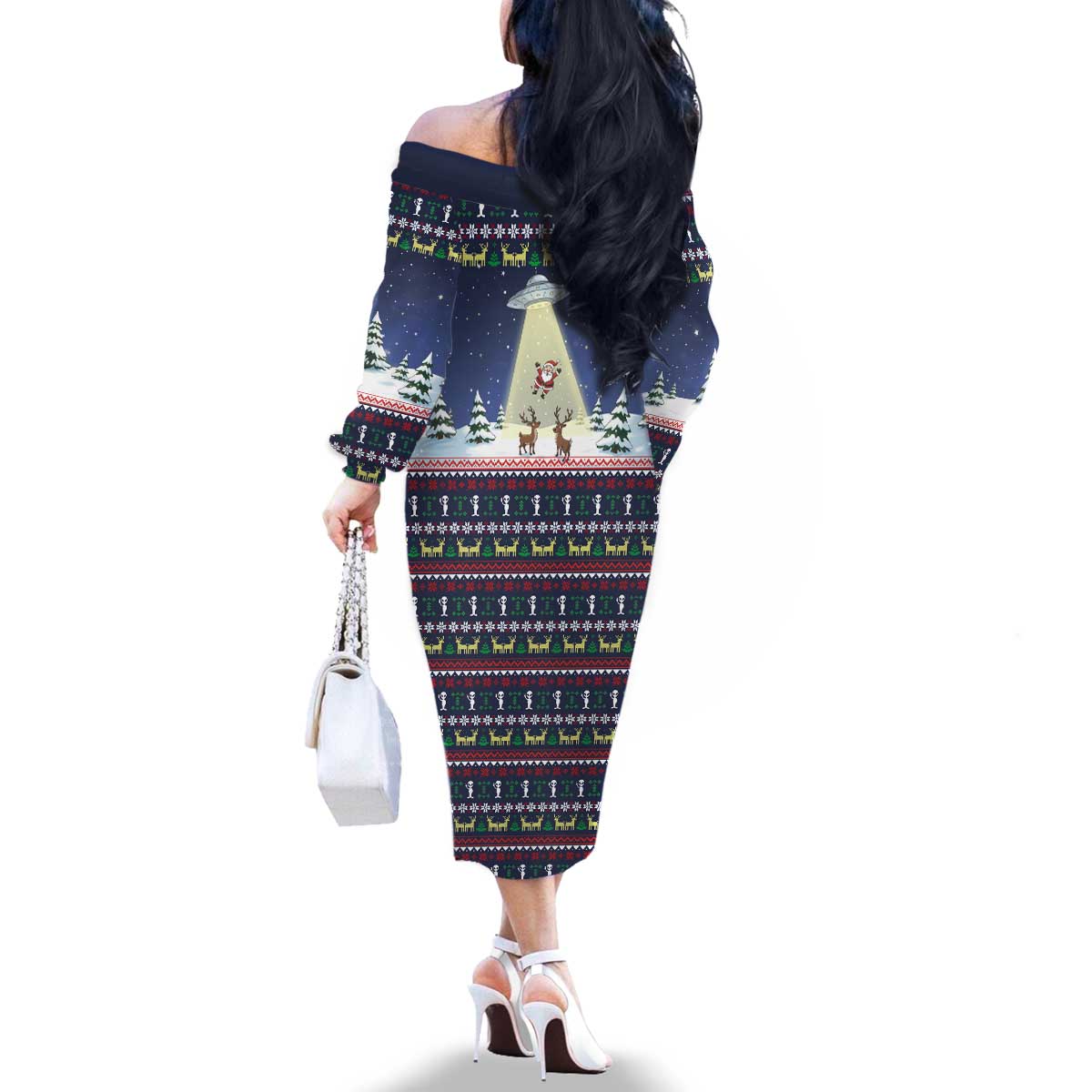 Christmas Alien Pattern with UFO Abduction of Santa Reindeer Snowy Forest Family Matching Off The Shoulder Long Sleeve Dress and Hawaiian Shirt Xmas Holiday Patterns - Wonder Print Shop