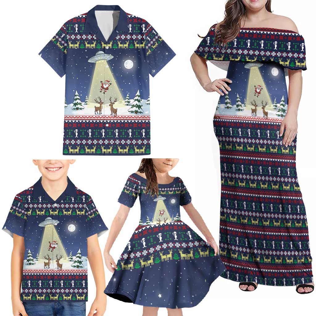 Christmas Alien Pattern with UFO Abduction of Santa Reindeer Snowy Forest Family Matching Off Shoulder Maxi Dress and Hawaiian Shirt Xmas Holiday Patterns - Wonder Print Shop