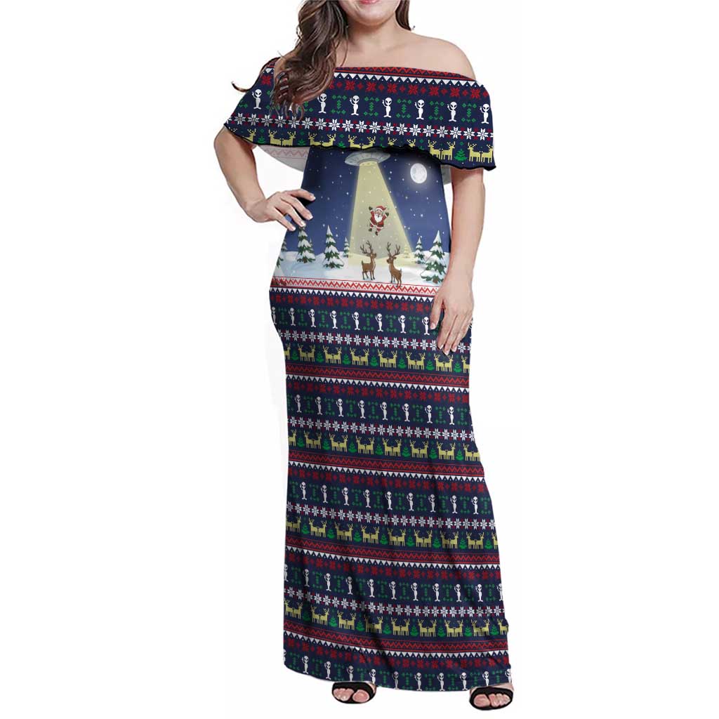 Christmas Alien Pattern with UFO Abduction of Santa Reindeer Snowy Forest Family Matching Off Shoulder Maxi Dress and Hawaiian Shirt Xmas Holiday Patterns - Wonder Print Shop