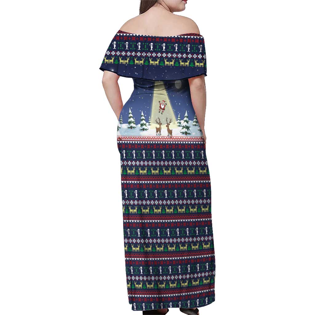 Christmas Alien Pattern with UFO Abduction of Santa Reindeer Snowy Forest Family Matching Off Shoulder Maxi Dress and Hawaiian Shirt Xmas Holiday Patterns - Wonder Print Shop