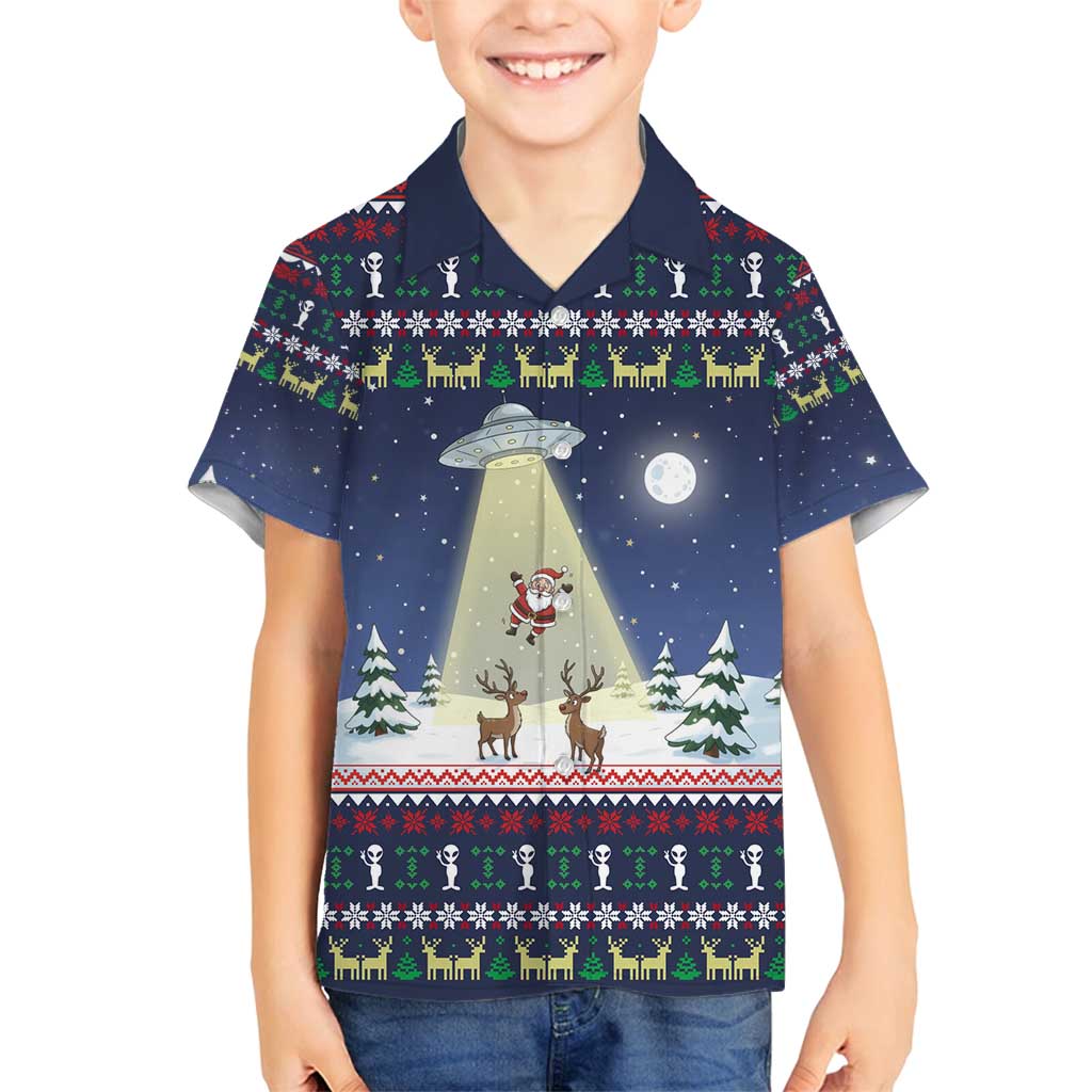 Christmas Alien Pattern with UFO Abduction of Santa Reindeer Snowy Forest Family Matching Off Shoulder Maxi Dress and Hawaiian Shirt Xmas Holiday Patterns - Wonder Print Shop