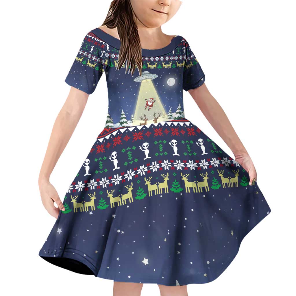 Christmas Alien Pattern with UFO Abduction of Santa Reindeer Snowy Forest Family Matching Off Shoulder Short Dress and Hawaiian Shirt Xmas Holiday Patterns - Wonder Print Shop