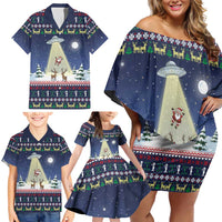 Christmas Alien Pattern with UFO Abduction of Santa Reindeer Snowy Forest Family Matching Off Shoulder Short Dress and Hawaiian Shirt Xmas Holiday Patterns - Wonder Print Shop