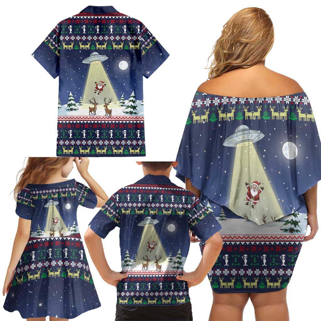 Christmas Alien Pattern with UFO Abduction of Santa Reindeer Snowy Forest Family Matching Off Shoulder Short Dress and Hawaiian Shirt Xmas Holiday Patterns - Wonder Print Shop