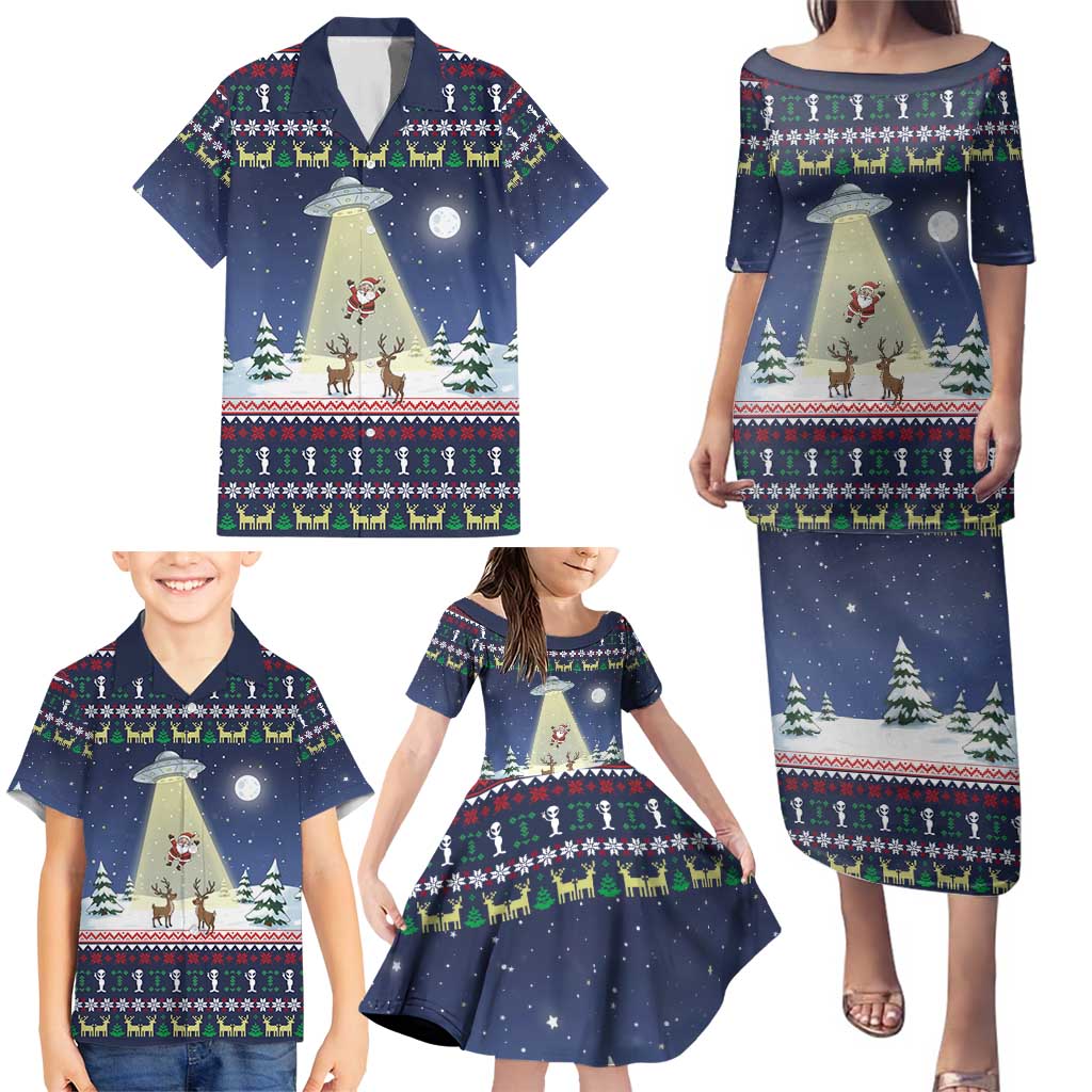 Christmas Alien Pattern with UFO Abduction of Santa Reindeer Snowy Forest Family Matching Puletasi and Hawaiian Shirt Xmas Holiday Patterns - Wonder Print Shop