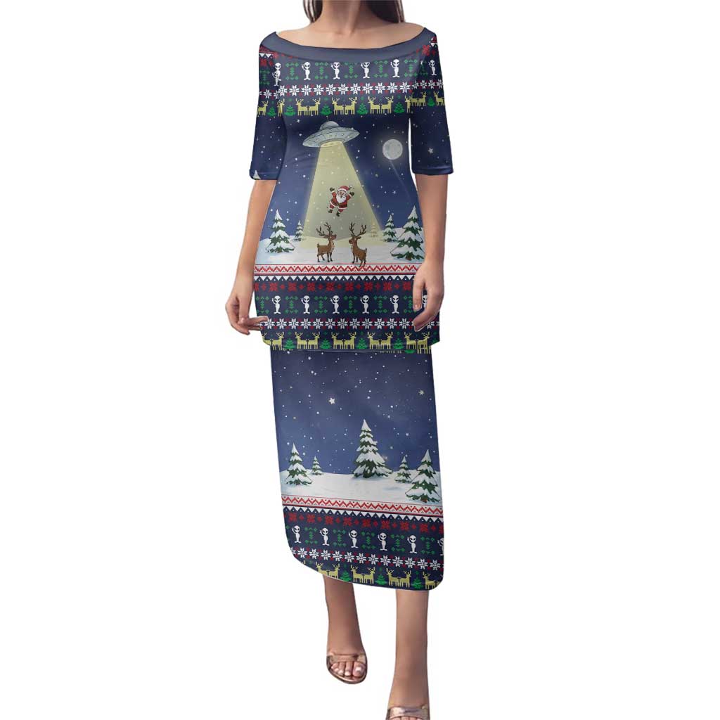 Christmas Alien Pattern with UFO Abduction of Santa Reindeer Snowy Forest Family Matching Puletasi and Hawaiian Shirt Xmas Holiday Patterns - Wonder Print Shop