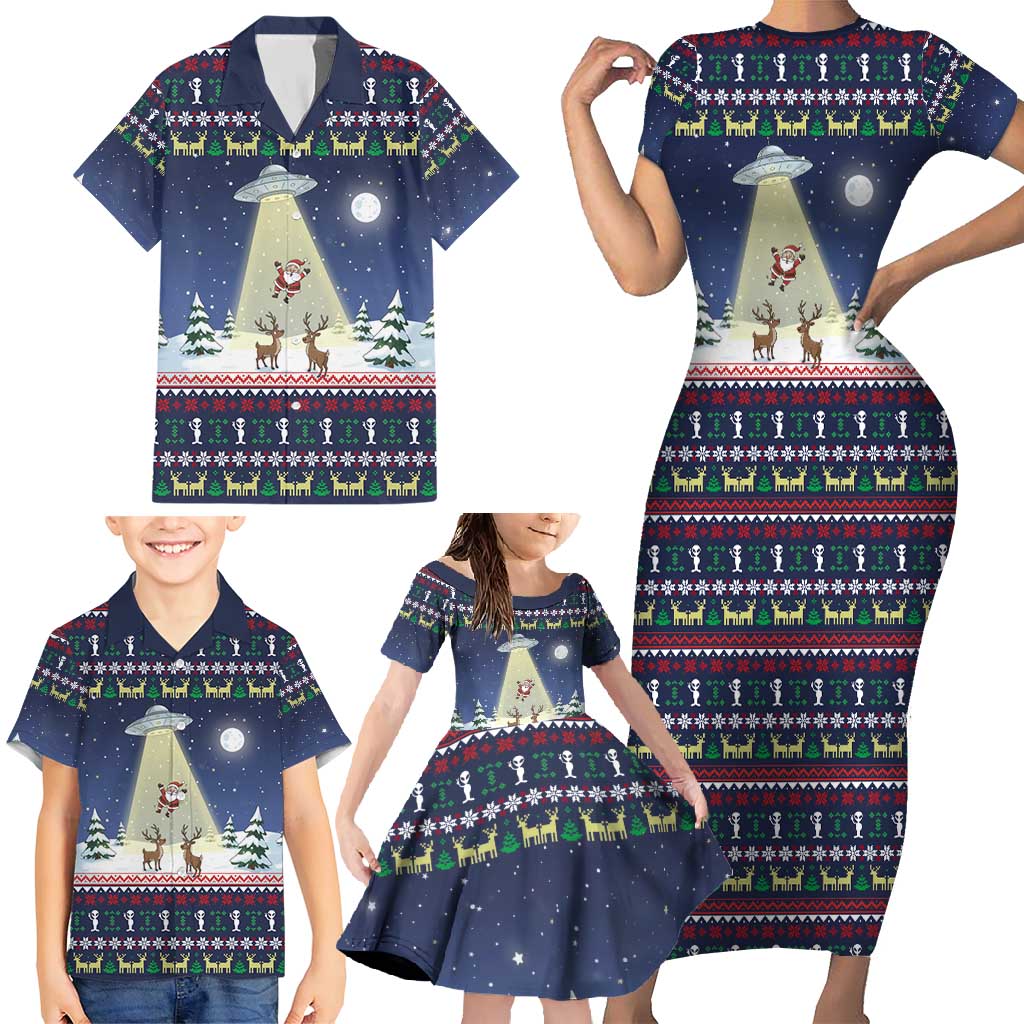 Christmas Alien Pattern with UFO Abduction of Santa Reindeer Snowy Forest Family Matching Short Sleeve Bodycon Dress and Hawaiian Shirt Xmas Holiday Patterns - Wonder Print Shop