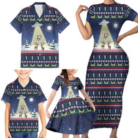Christmas Alien Pattern with UFO Abduction of Santa Reindeer Snowy Forest Family Matching Short Sleeve Bodycon Dress and Hawaiian Shirt Xmas Holiday Patterns - Wonder Print Shop