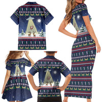 Christmas Alien Pattern with UFO Abduction of Santa Reindeer Snowy Forest Family Matching Short Sleeve Bodycon Dress and Hawaiian Shirt Xmas Holiday Patterns - Wonder Print Shop
