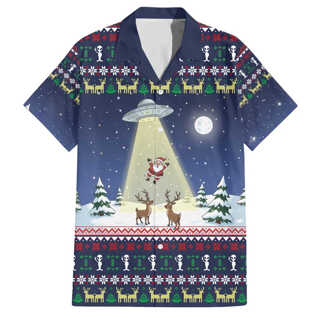 Christmas Alien Pattern with UFO Abduction of Santa Reindeer Snowy Forest Family Matching Short Sleeve Bodycon Dress and Hawaiian Shirt Xmas Holiday Patterns - Wonder Print Shop