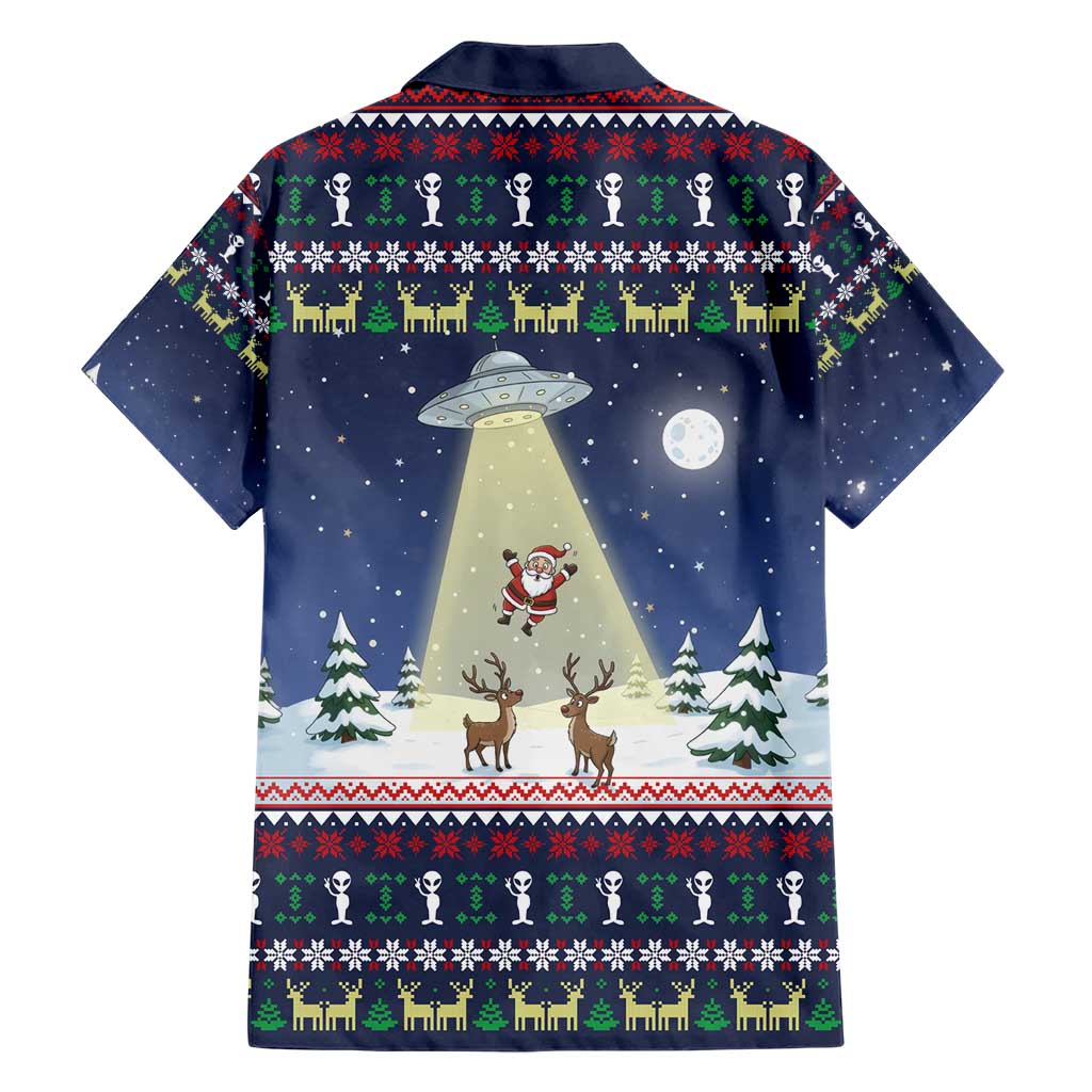 Christmas Alien Pattern with UFO Abduction of Santa Reindeer Snowy Forest Family Matching Short Sleeve Bodycon Dress and Hawaiian Shirt Xmas Holiday Patterns - Wonder Print Shop