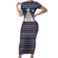Christmas Alien Pattern with UFO Abduction of Santa Reindeer Snowy Forest Family Matching Short Sleeve Bodycon Dress and Hawaiian Shirt Xmas Holiday Patterns - Wonder Print Shop