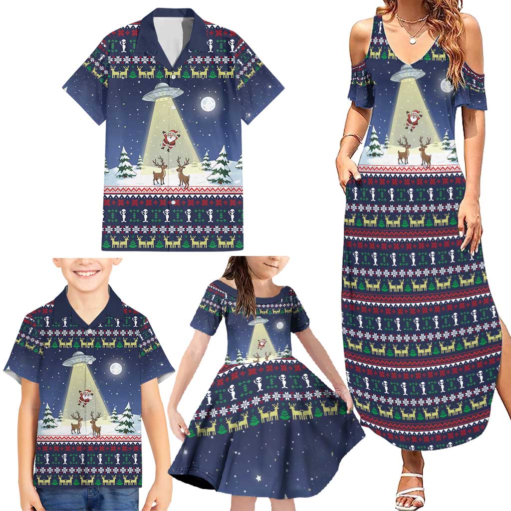 Christmas Alien Pattern with UFO Abduction of Santa Reindeer Snowy Forest Family Matching Summer Maxi Dress and Hawaiian Shirt Xmas Holiday Patterns - Wonder Print Shop