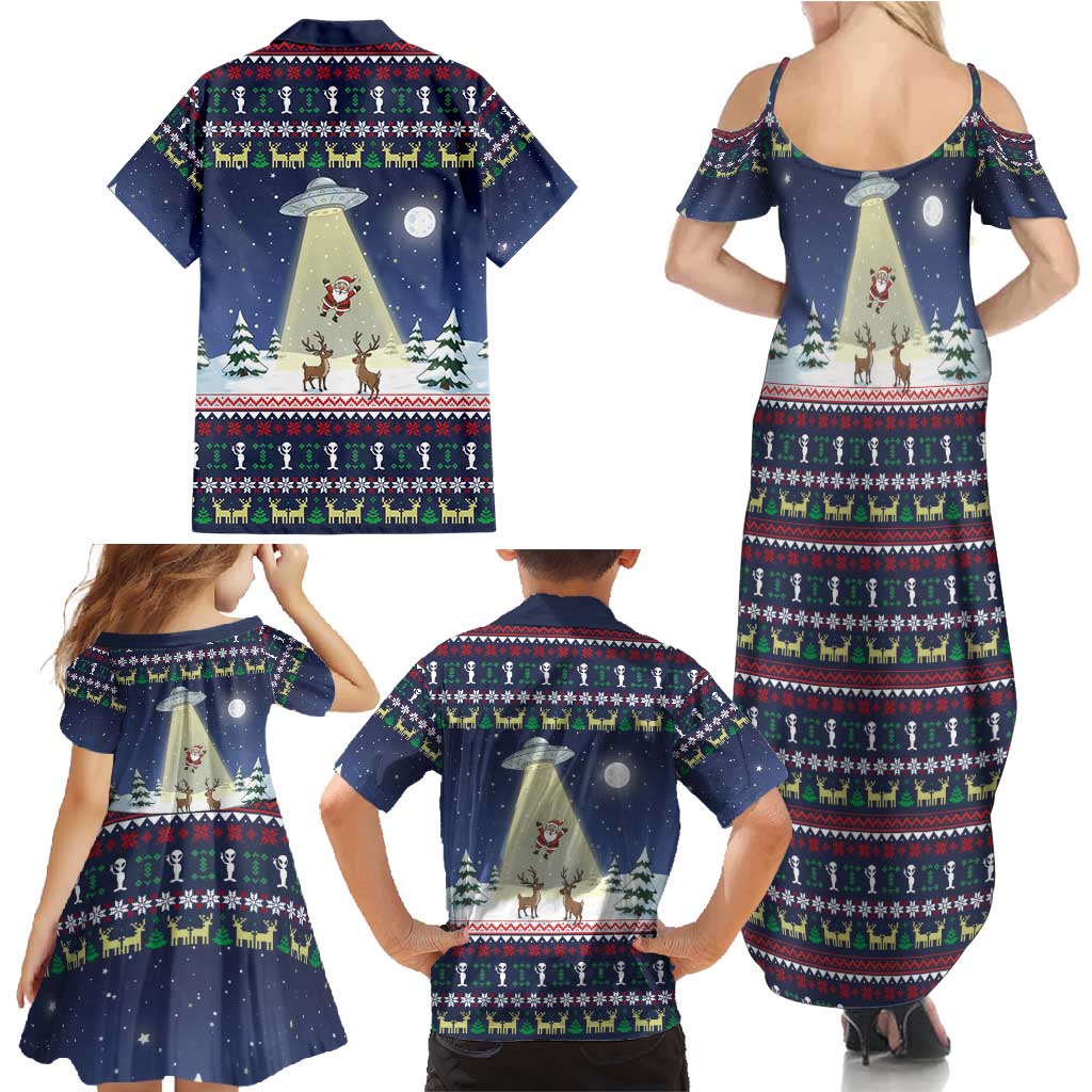 Christmas Alien Pattern with UFO Abduction of Santa Reindeer Snowy Forest Family Matching Summer Maxi Dress and Hawaiian Shirt Xmas Holiday Patterns - Wonder Print Shop