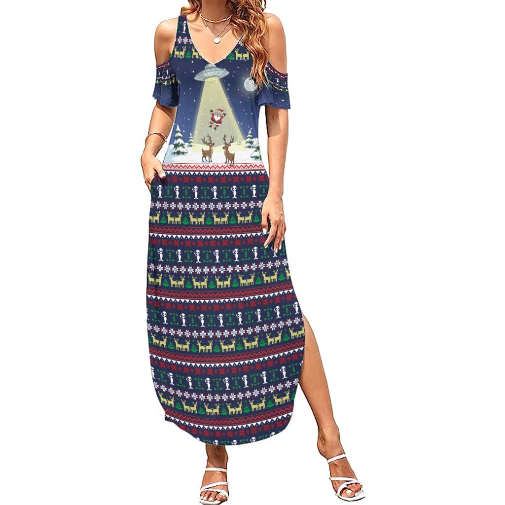 Christmas Alien Pattern with UFO Abduction of Santa Reindeer Snowy Forest Family Matching Summer Maxi Dress and Hawaiian Shirt Xmas Holiday Patterns - Wonder Print Shop