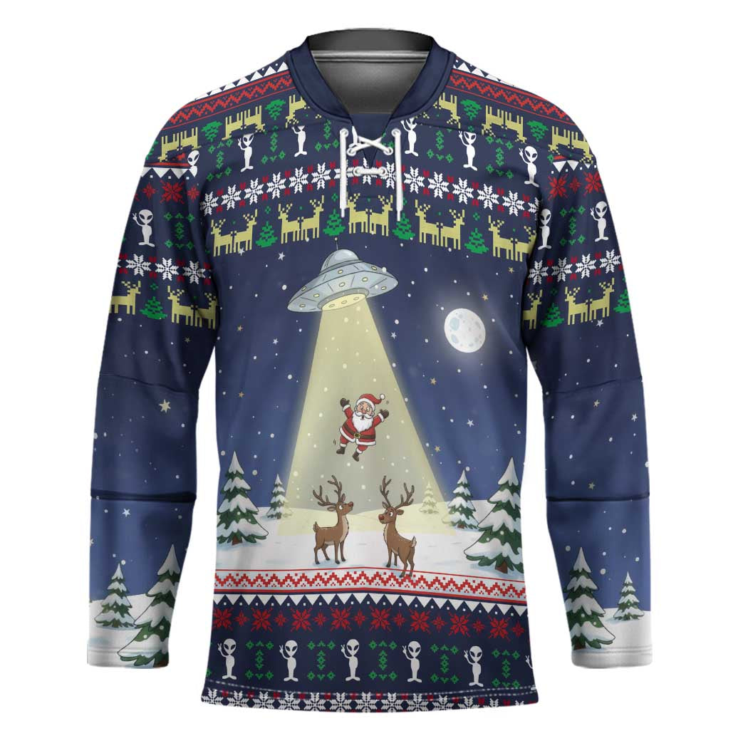 Christmas Alien Pattern with UFO Abduction of Santa Reindeer Snowy Forest Hockey Jersey Xmas Holiday Patterns - Wonder Print Shop