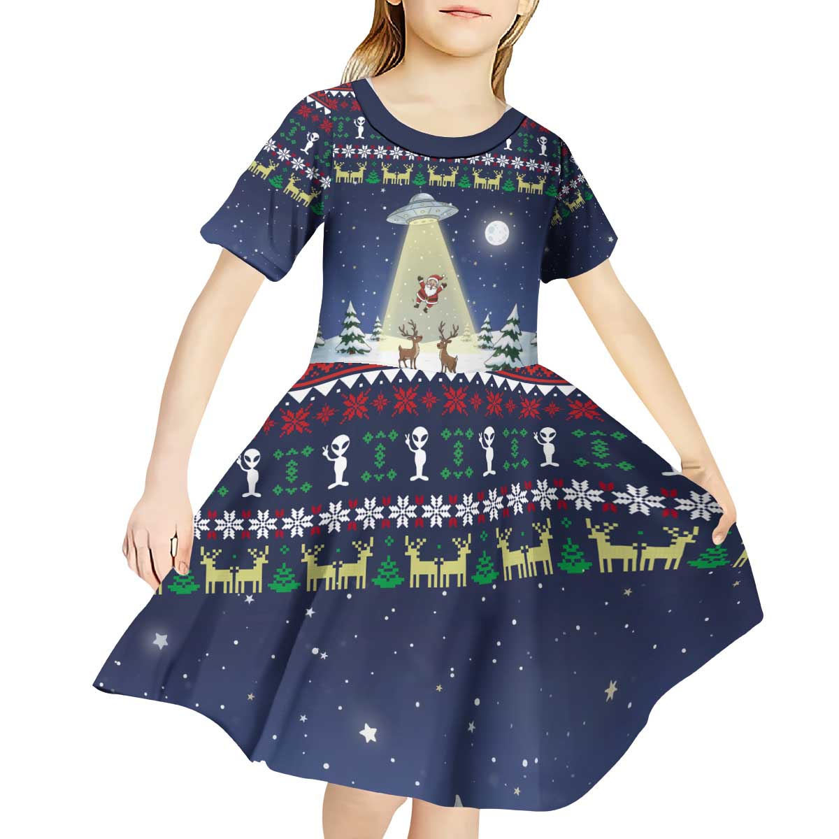 Christmas Alien Pattern with UFO Abduction of Santa Reindeer Snowy Forest Kid Short Sleeve Dress Xmas Holiday Patterns - Wonder Print Shop