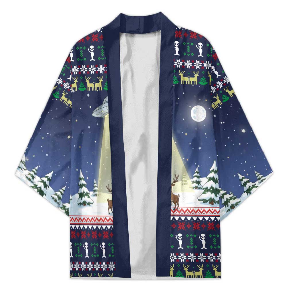 Christmas Alien Pattern with UFO Abduction of Santa Reindeer Snowy Forest Kimono Xmas Holiday Patterns - Wonder Print Shop
