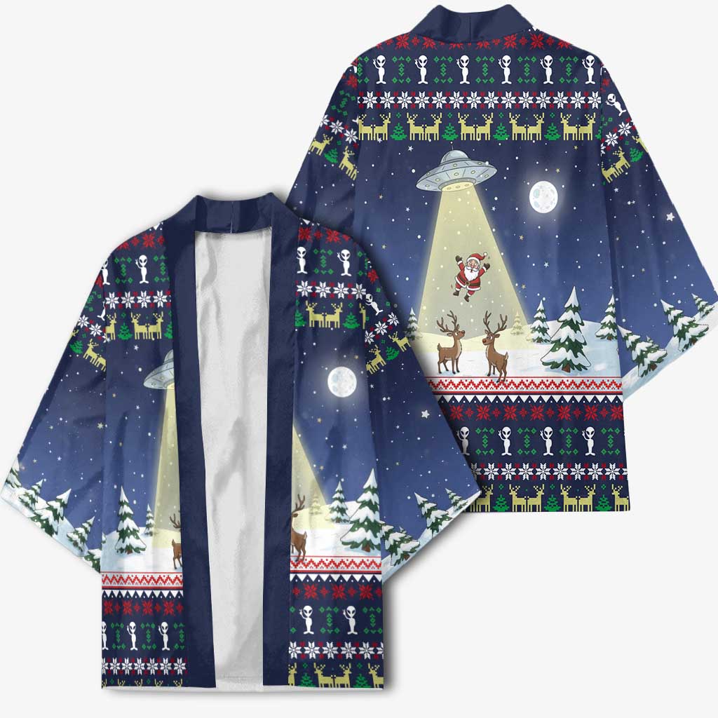 Christmas Alien Pattern with UFO Abduction of Santa Reindeer Snowy Forest Kimono Xmas Holiday Patterns - Wonder Print Shop