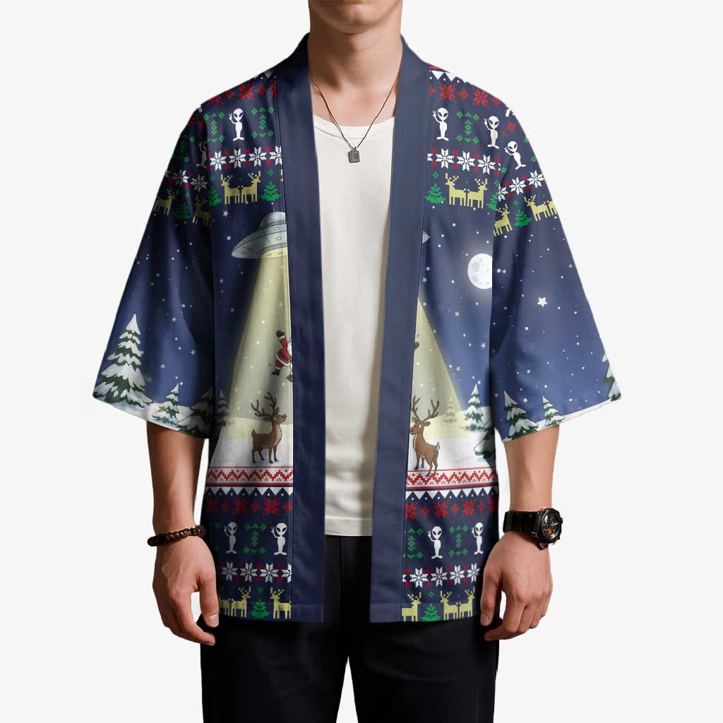 Christmas Alien Pattern with UFO Abduction of Santa Reindeer Snowy Forest Kimono Xmas Holiday Patterns - Wonder Print Shop