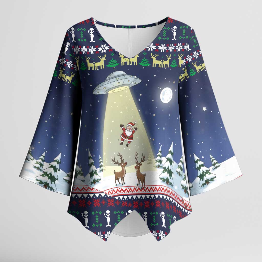 Christmas Alien Pattern with UFO Abduction of Santa Reindeer Snowy Forest Kimono Sleeve Blouse Xmas Holiday Patterns - Wonder Print Shop