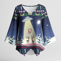 Christmas Alien Pattern with UFO Abduction of Santa Reindeer Snowy Forest Kimono Sleeve Blouse Xmas Holiday Patterns - Wonder Print Shop