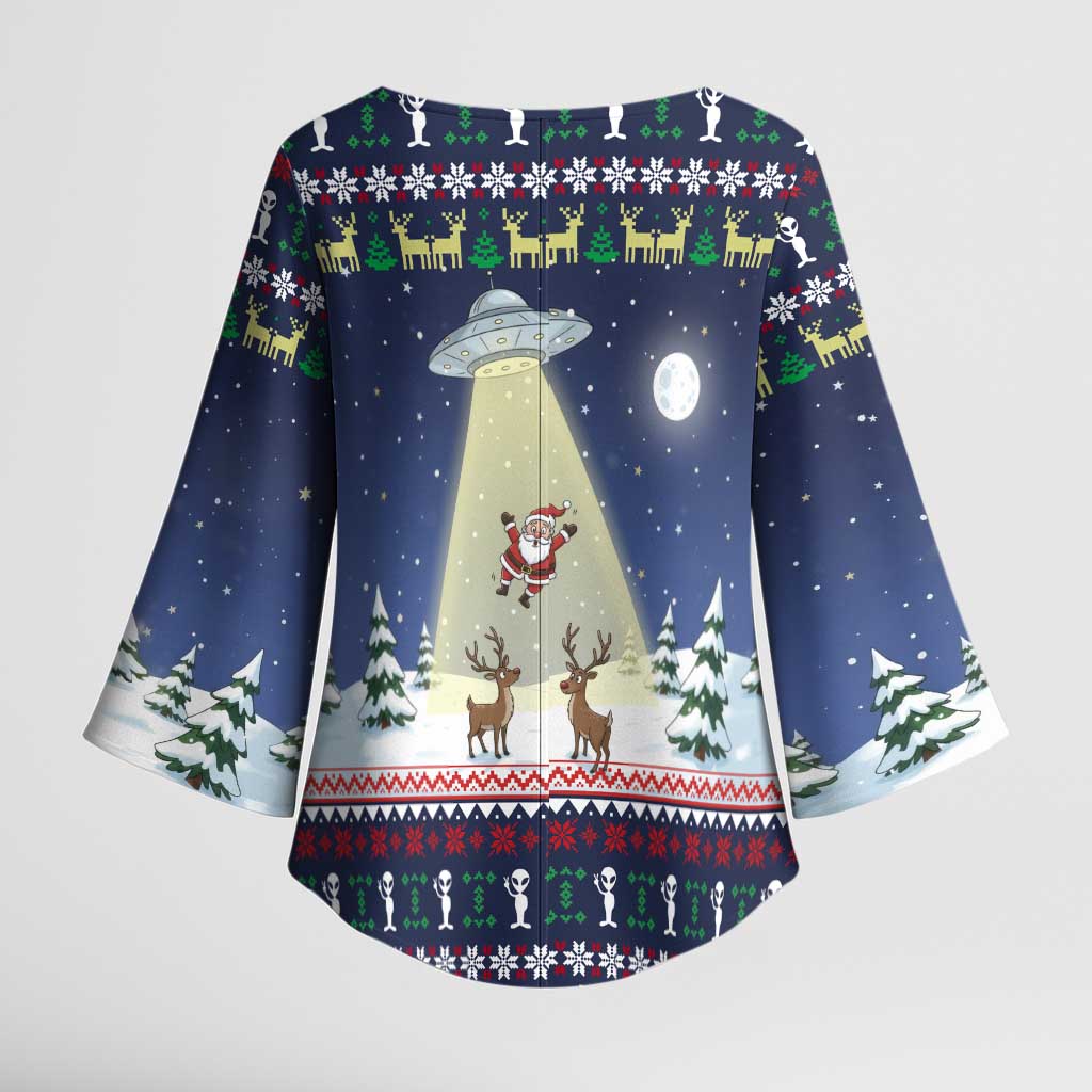 Christmas Alien Pattern with UFO Abduction of Santa Reindeer Snowy Forest Kimono Sleeve Blouse Xmas Holiday Patterns - Wonder Print Shop