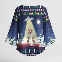 Christmas Alien Pattern with UFO Abduction of Santa Reindeer Snowy Forest Kimono Sleeve Blouse Xmas Holiday Patterns - Wonder Print Shop