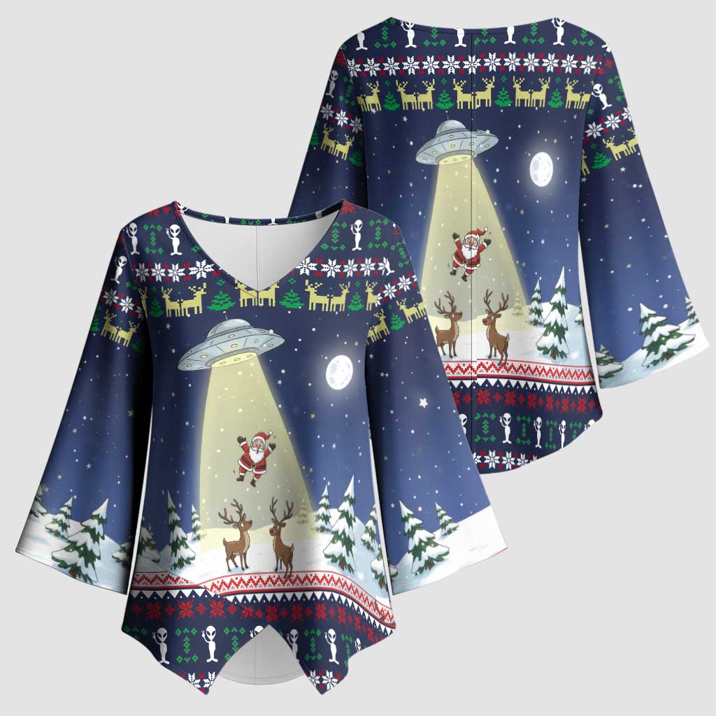 Christmas Alien Pattern with UFO Abduction of Santa Reindeer Snowy Forest Kimono Sleeve Blouse Xmas Holiday Patterns - Wonder Print Shop