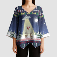 Christmas Alien Pattern with UFO Abduction of Santa Reindeer Snowy Forest Kimono Sleeve Blouse Xmas Holiday Patterns - Wonder Print Shop