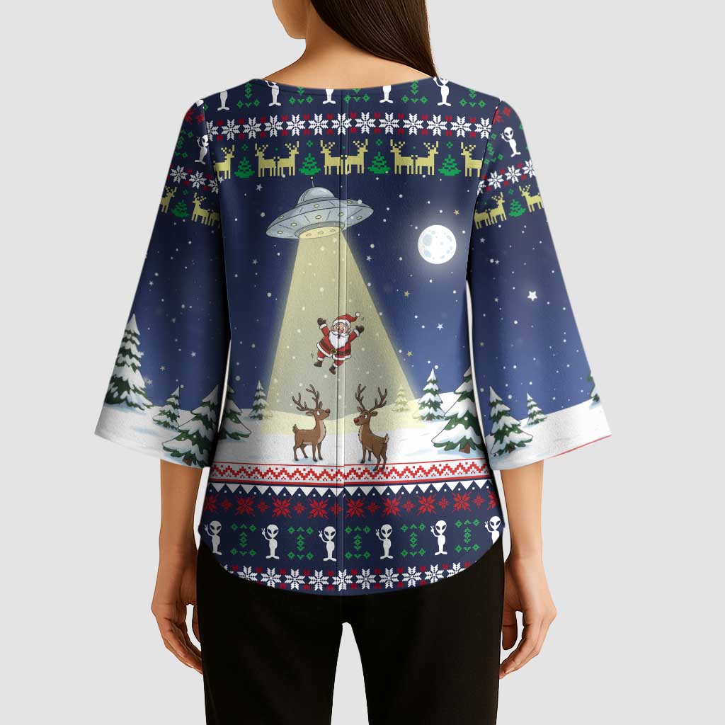 Christmas Alien Pattern with UFO Abduction of Santa Reindeer Snowy Forest Kimono Sleeve Blouse Xmas Holiday Patterns - Wonder Print Shop