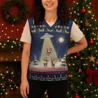 Christmas Alien Pattern with UFO Abduction of Santa Reindeer Snowy Forest Christmas Knitted V-Neck Vest Xmas Holiday Patterns - Wonder Print Shop