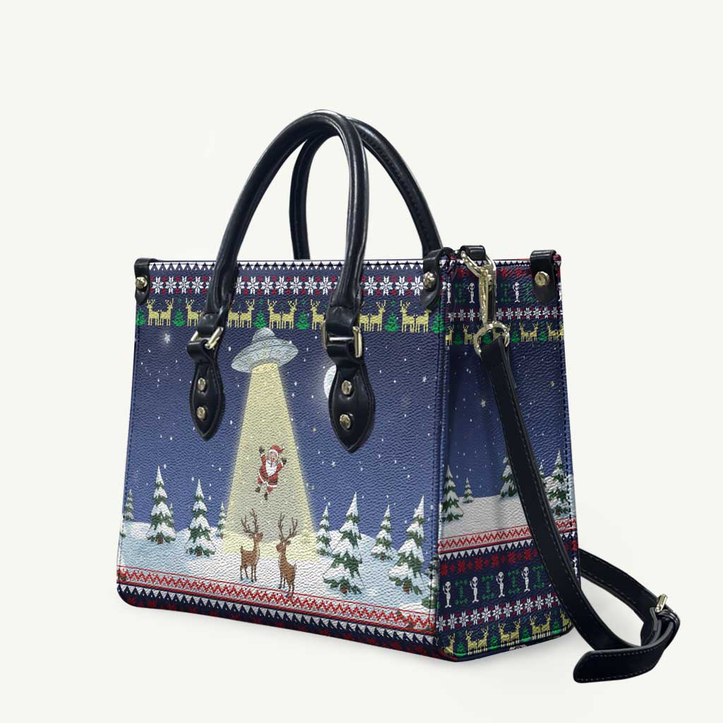 Christmas Alien Pattern with UFO Abduction of Santa Reindeer Snowy Forest Leather Bag Xmas Holiday Patterns - Wonder Print Shop