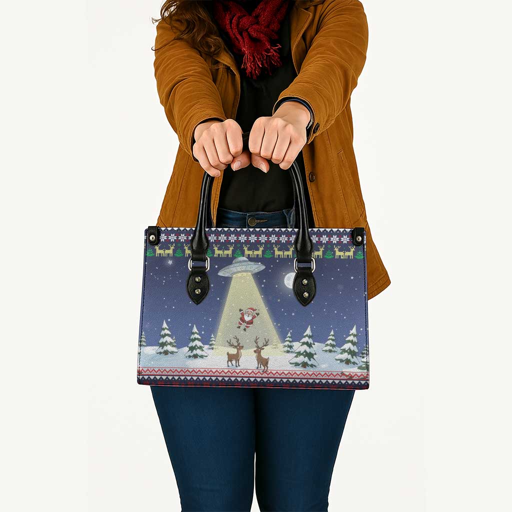 Christmas Alien Pattern with UFO Abduction of Santa Reindeer Snowy Forest Leather Bag Xmas Holiday Patterns - Wonder Print Shop