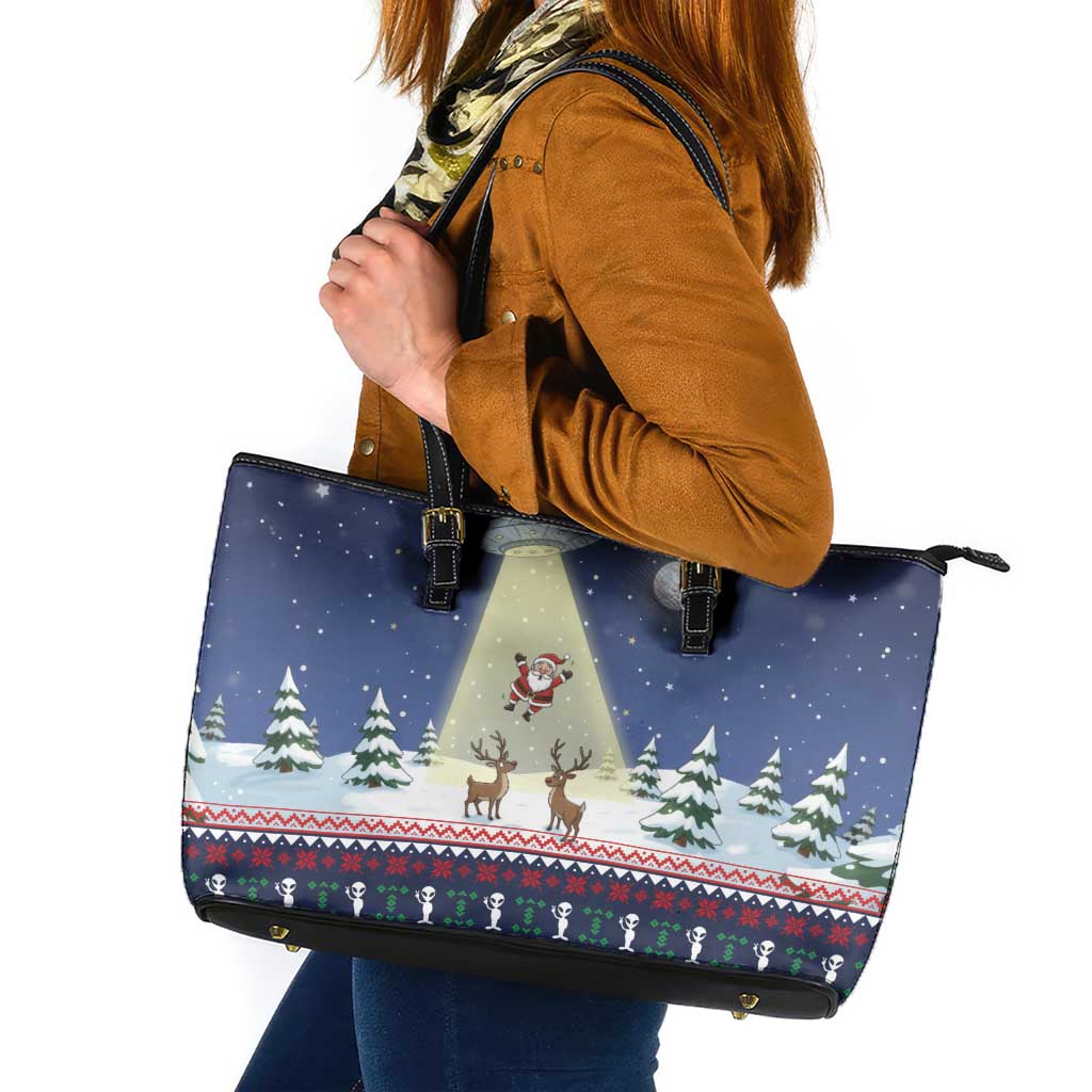 Christmas Alien Pattern with UFO Abduction of Santa Reindeer Snowy Forest Leather Tote Bag Xmas Holiday Patterns - Wonder Print Shop