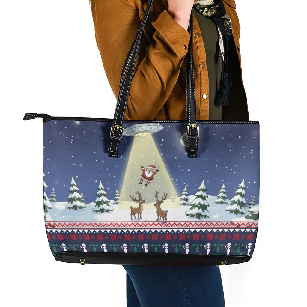 Christmas Alien Pattern with UFO Abduction of Santa Reindeer Snowy Forest Leather Tote Bag Xmas Holiday Patterns - Wonder Print Shop