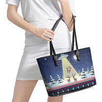 Christmas Alien Pattern with UFO Abduction of Santa Reindeer Snowy Forest Leather Tote Bag Xmas Holiday Patterns - Wonder Print Shop