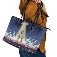 Christmas Alien Pattern with UFO Abduction of Santa Reindeer Snowy Forest Leather Tote Bag Xmas Holiday Patterns - Wonder Print Shop