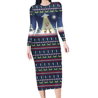 Christmas Alien Pattern with UFO Abduction of Santa Reindeer Snowy Forest Long Sleeve Bodycon Dress Xmas Holiday Patterns - Wonder Print Shop
