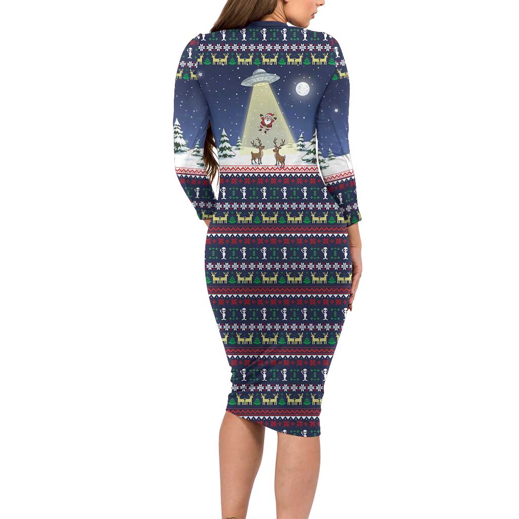 Christmas Alien Pattern with UFO Abduction of Santa Reindeer Snowy Forest Long Sleeve Bodycon Dress Xmas Holiday Patterns - Wonder Print Shop