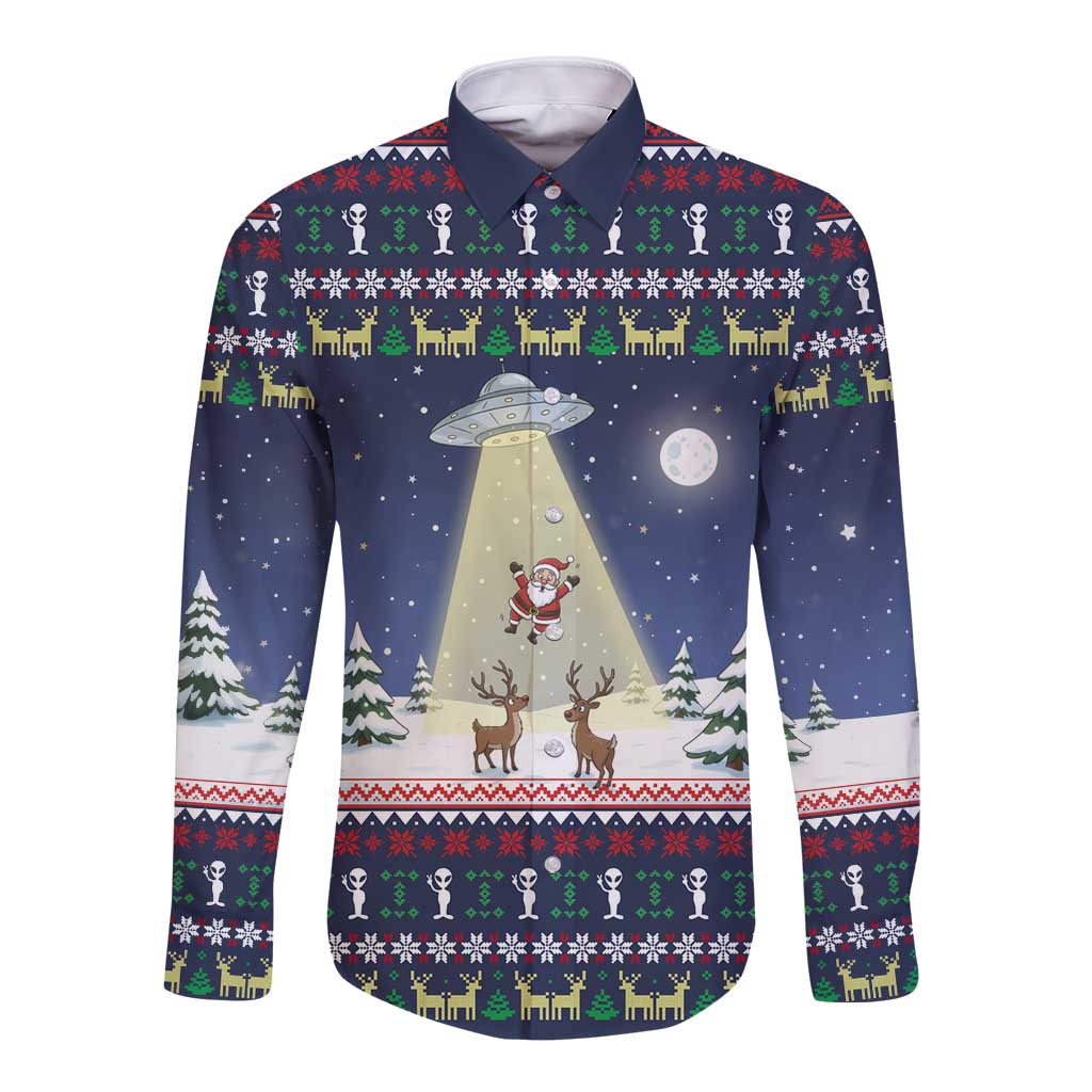 Christmas Alien Pattern with UFO Abduction of Santa Reindeer Snowy Forest Long Sleeve Button Shirt Xmas Holiday Patterns - Wonder Print Shop