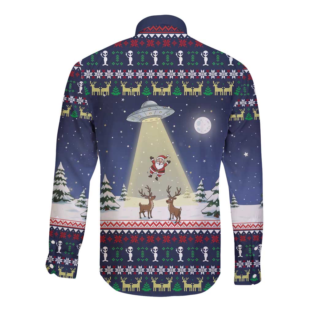 Christmas Alien Pattern with UFO Abduction of Santa Reindeer Snowy Forest Long Sleeve Button Shirt Xmas Holiday Patterns - Wonder Print Shop