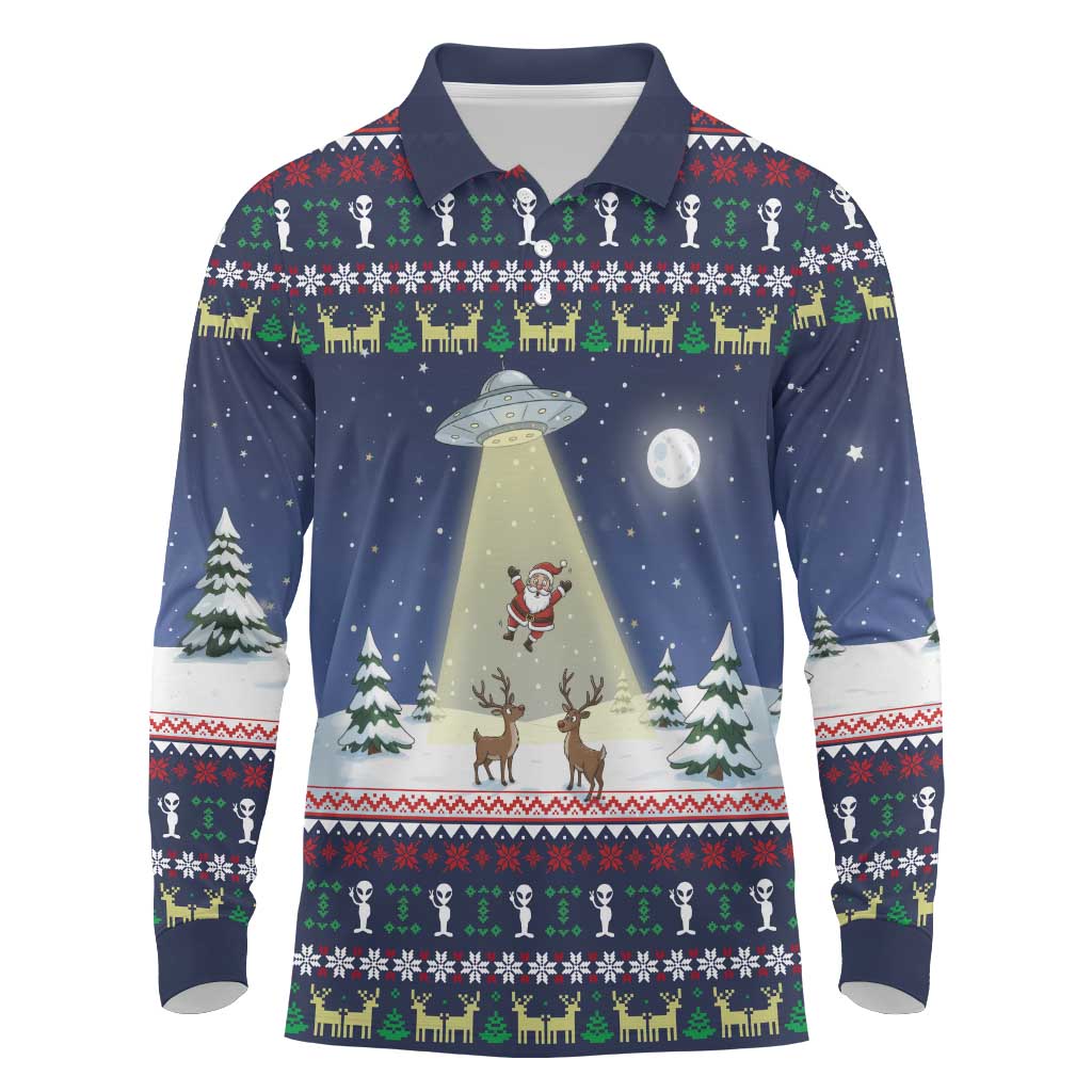 Christmas Alien Pattern with UFO Abduction of Santa Reindeer Snowy Forest Long Sleeve Polo Shirt Xmas Holiday Patterns - Wonder Print Shop