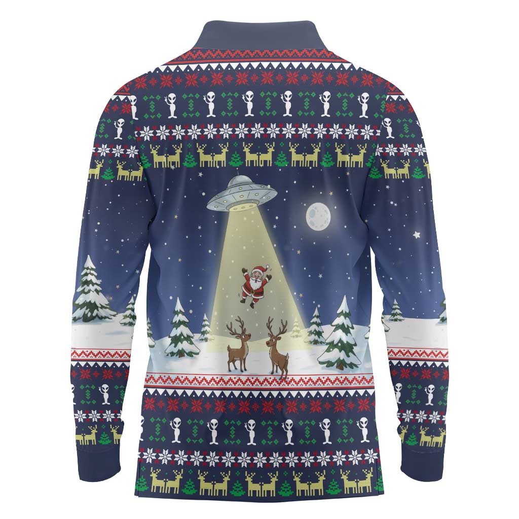 Christmas Alien Pattern with UFO Abduction of Santa Reindeer Snowy Forest Long Sleeve Polo Shirt Xmas Holiday Patterns - Wonder Print Shop