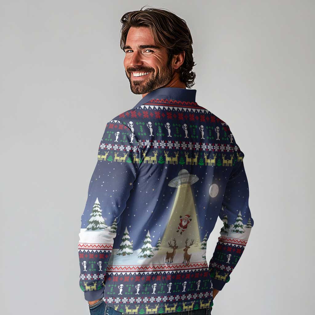 Christmas Alien Pattern with UFO Abduction of Santa Reindeer Snowy Forest Long Sleeve Polo Shirt Xmas Holiday Patterns - Wonder Print Shop