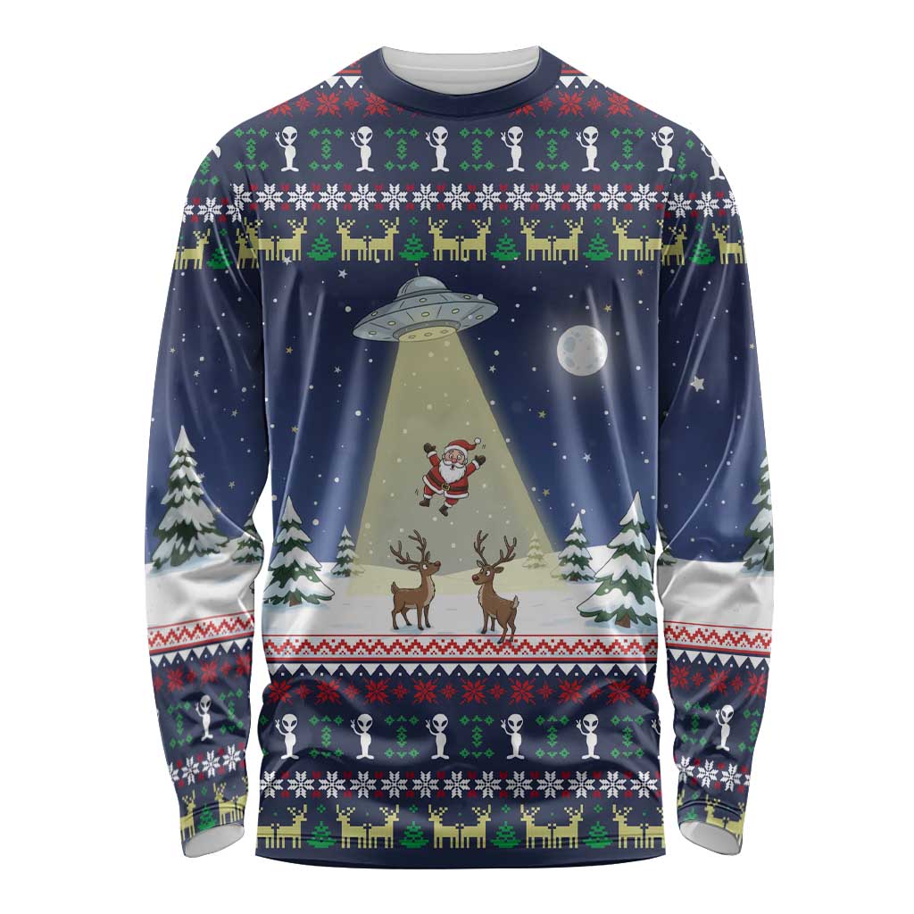 Christmas Alien Pattern with UFO Abduction of Santa Reindeer Snowy Forest Long Sleeve Shirt Xmas Holiday Patterns - Wonder Print Shop