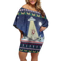 Christmas Alien Pattern with UFO Abduction of Santa Reindeer Snowy Forest Off Shoulder Short Dress Xmas Holiday Patterns - Wonder Print Shop